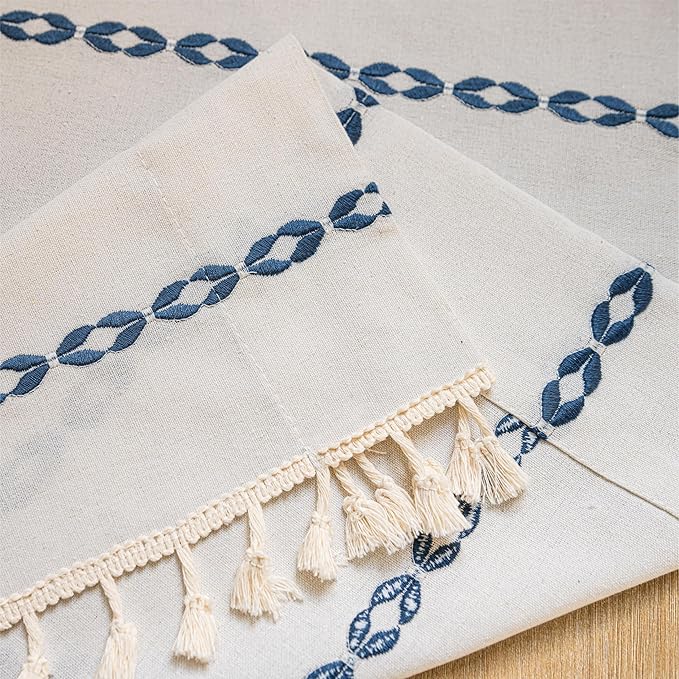 Sutuo Home Boho Valance Curtain 18 inches for Cafe Dining Room, Short Farmhouse Vintage Tassels Window Treatment Bohemian Embroidery Drape, Rod Pocket 1 Panel 52" W x 18" L, White and Navy Blue