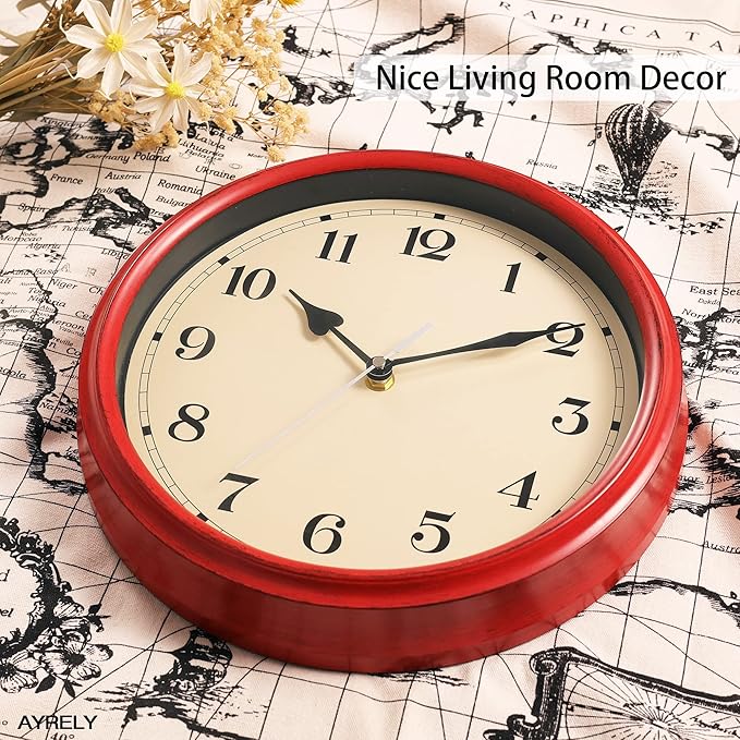 AYRELY® Decorative Vintage Wall Clock - 11Inch Silent Non-Ticking Clocks Battery Operated - Classic Decor for Living Room, Farmhouse, Kitchen, Bedroom, Bathroom (Red)