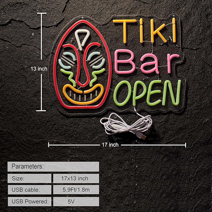 Tiki Bar Open Neon Sign for Wall Décor with Dimmable Switch LED Neon Signs Art Decor Light