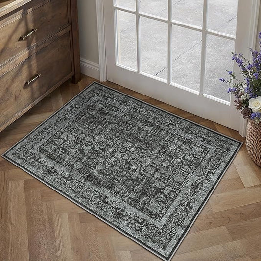 Dark Black Entryway Area Rug 2x3 Door Mat Machine Washable Kitchen Vintage Distressed Non Slip Carpet Indoor Retro Floral Accent Throw Small Rug for Bathroom Office Bedroom Dining Room