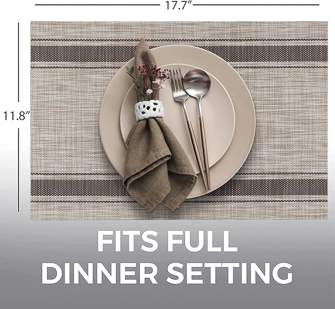 More Décor Dining Table Placemats, Washable Heat-Resistant PVC Vinyl Table Mats for Dining Room and Kitchen, Anti-Slip - Set of 6 - Horizontal Striped Bown - Beige