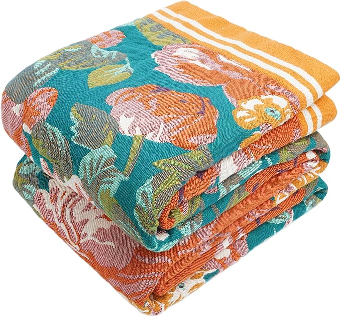 Boho Throw Blanket, 100% Organic Cotton Breathable Ultra Soft Bed Quilt Throw - All Season Floral Bird Butterfly Farmhouse Decor Blanket for Sofa Couch Chair and Gift. 80" x 90"