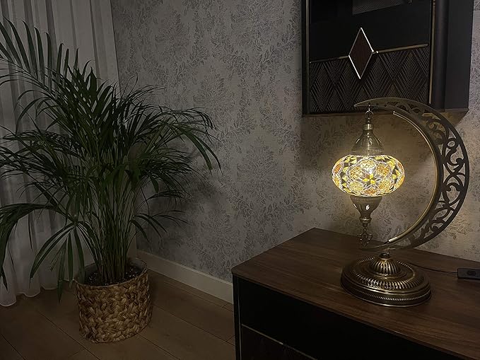 mozaist Turkish Lamp, Moon Shaped Mosaic Table Lamp, Tiffany Desk Bedside Stained Glass Lamp with US Plug and E12 Socket
