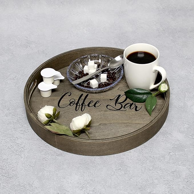 Elegant Designs HG2013-RGC Decorative 13.75" Round Wood Serving Tray w/Handles, Rustic Gray Coffee Bar