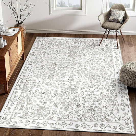 Floral Area Rug 4x6 Washable Entryway Taupe Carpet Non Slip Boho Thin Farmhouse Throw Accent Rug for Living Room Bedroom Office Kitchen Bathroom