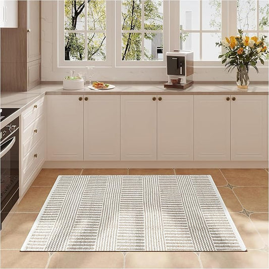 Bedding Craft Jute Cotton Stripe Area Rug for Living Room 24x36 Inch - Natural Ivory - Machine Washable 2x3 Feet Rugs - 70% Jute and 30% Cotton