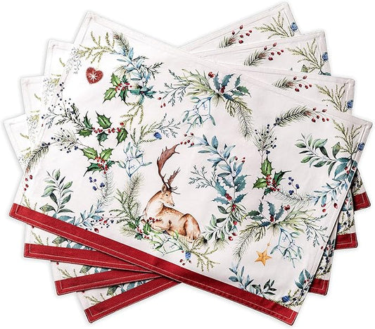 Maison d' Hermine Placemats Set of 4 100% Cotton Washable Cloth Place Mats, Reusable Table Mats for Kitchen Dining Decoration, Party, Wedding, Restaurant (Holly Time, 13" x 19")