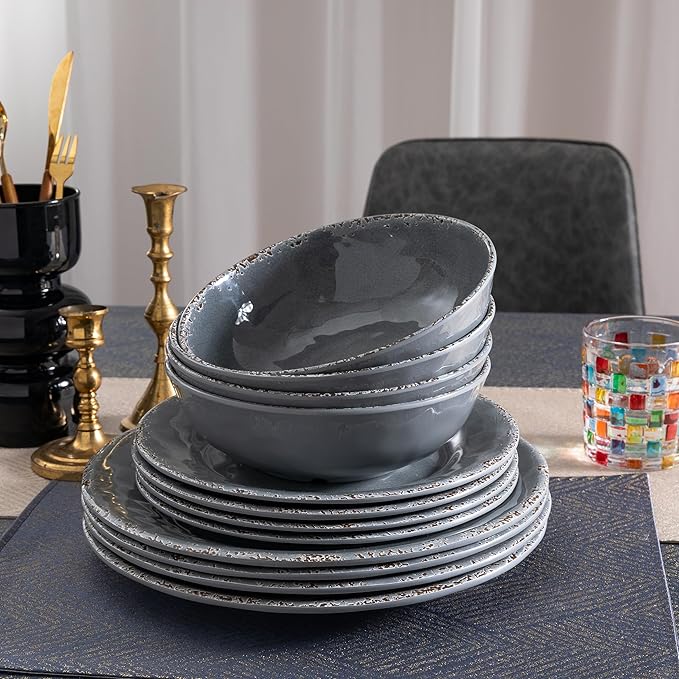 12 Pcs Vintage Melamine Dinnerware Sets, Durable Set Of 4 Plates and Bowls Set, Lightweight Dishes Dinnerware Sets for Indoor and Outdoor Use, BPA Free,Cool Gray