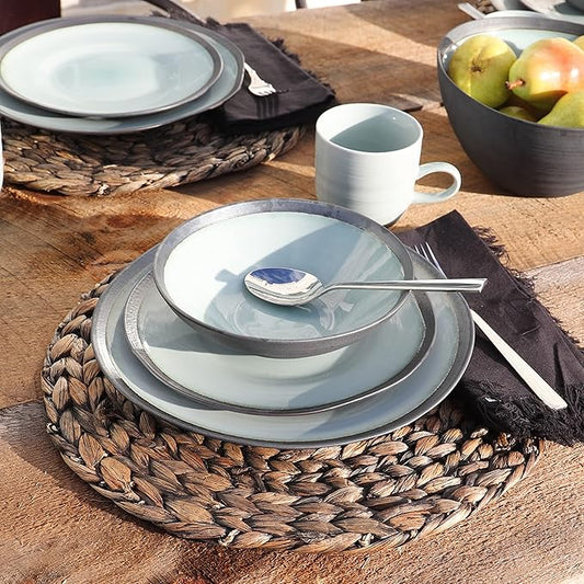 Euro Ceramica Diana 16 Piece Modern Dinnerware Set, Dinner, Salad Plate, Soup Bowl, Mug, Service for 4, Mint Green/Graphic Grey