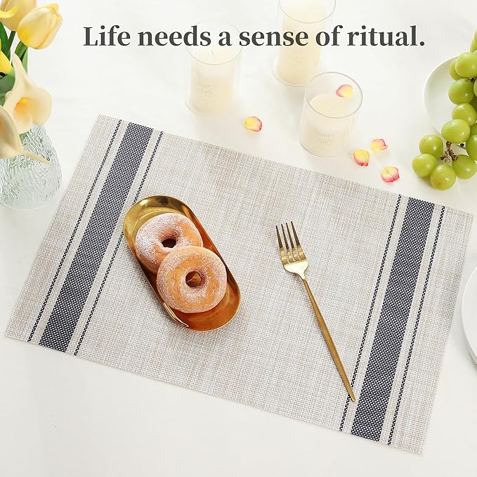 Leetaltree Khaki-Blue Placemats, Heat Resistant Non-Slip Place mats for Dining Table, Washable Durable PVC Vinyl Woven Table Mats (Set of 8)