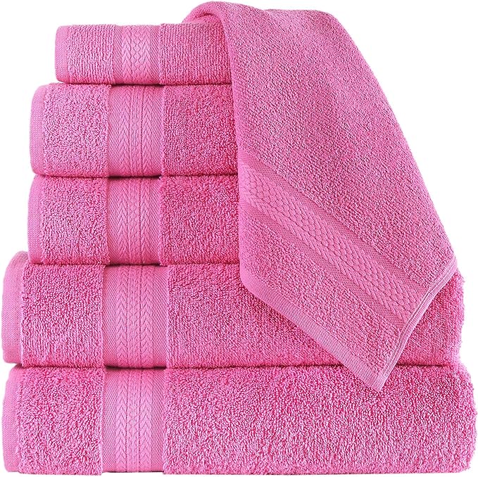 Quick-Dry, Soft & High Absorbent Bath Towels Cotton Turkish Bath Towel Set of 6 | Daily Use 100% Cotton Towels for Bathroom, Gym & More | Bathroom Towels Set (6 Pcs, Hot Pink)