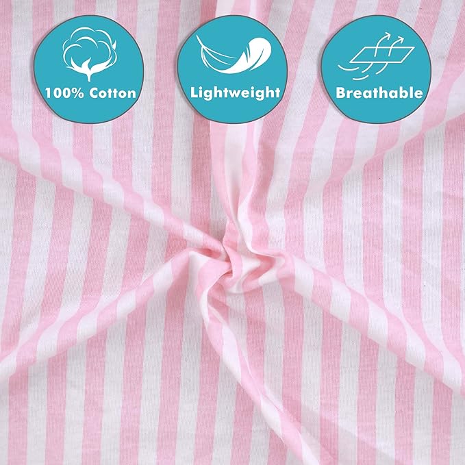 100% Cotton Jersey Knitted Standard Crib Sheets for Boys and Toddler, Soft and Breathable, Crib Sheets Girl Snug Fit, Machine Washable, Multiple Colors (P1, Pink Stripe,28"x52"x9")