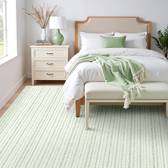 Sage Green Boho Area Rugs 9x12 Living Room, Moroccan Large Rug Farmhouse Washable Rug with Non-Slip Backing, Neutral Morden Indoor Carpet for Bedroom Dining Room