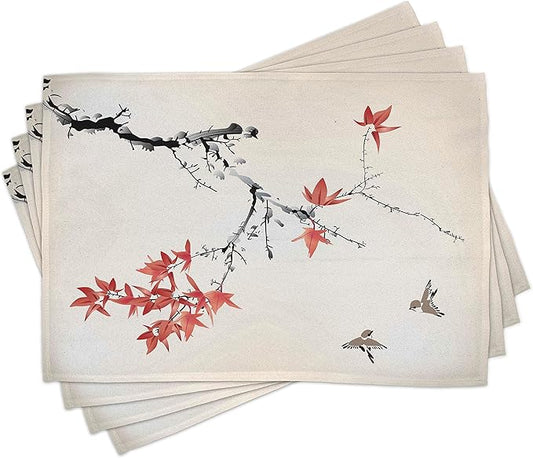 Ambesonne Japanese Place Mats Set of 8, Cherry Blossom Sakura Tree Branches Romantic Spring Themed Watercolor Picture, Washable Fabric Placemats for Dining Table, Placemat 8 pcs, Coral Black