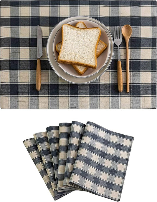 Home Brilliant Buffalo Plaid Placemats Set of 6 Farmhouse Style Double Layered Heat Resistant Fabric Dining Table Place Mats for Kitchen Table, 13 x 19 inches, Checker, Grey and Beige