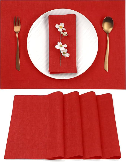 D'Moksha Homes Linen Placemats 14 x 19 Inch - Bright Red Placemats Set of 4-100% Pure Linen Table Place Mats for Summer - Handcrafted and Machine Washable