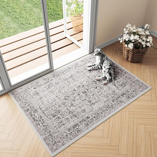 Black Entryway Area Rug 2x3 Door Mat Machine Washable Kitchen Vintage Distressed Non Slip Carpet Indoor Retro Floral Accent Throw Small Rug for Bathroom Office Bedroom Dining Room