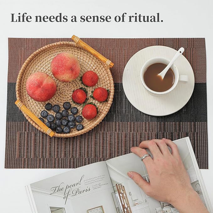 Leetaltree Brown with Black Striped Placemats Set of 4 - Heat Resistant Non-Slip Place mats for Dining Table, Washable Durable PVC Vinyl Woven Table Mats（Brown Stripe, 4）