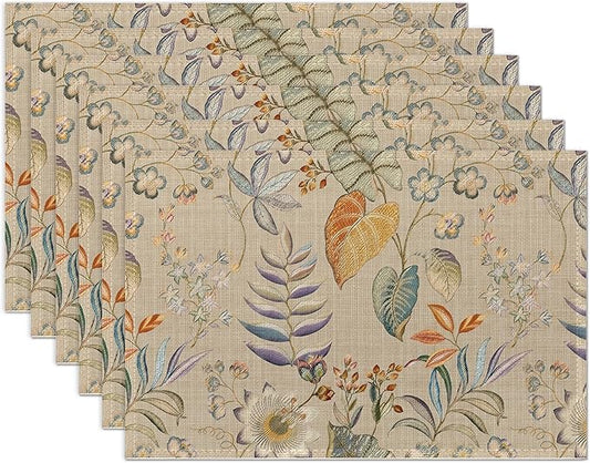 Colorful Flower and Leaf Placemats Set of 6 Place Mats for Kitchen Table Washable Farmhouse Linen Table Mats Dining Decoration 12x18 Inch