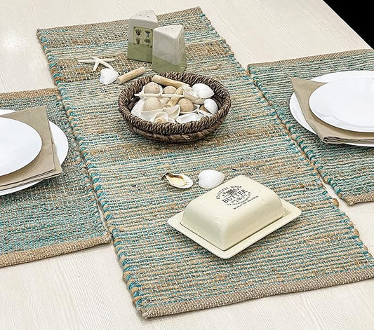 Chardin home | Natural Jute Table Runner | 13x36 Rustic Farmhouse Table Runner | Table Runner Colors - Natural Jute and Aqua Turquoise.
