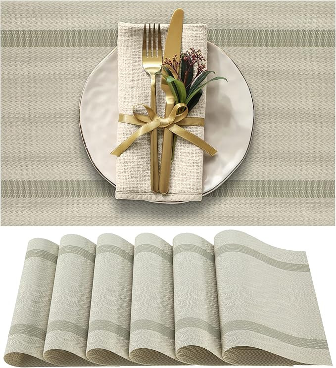 More Décor Dining Table Placemats, Washable Heat-Resistant PVC Vinyl Table Mats for Dining Room and Kitchen, Anti-Slip - Set of 6 - Beige