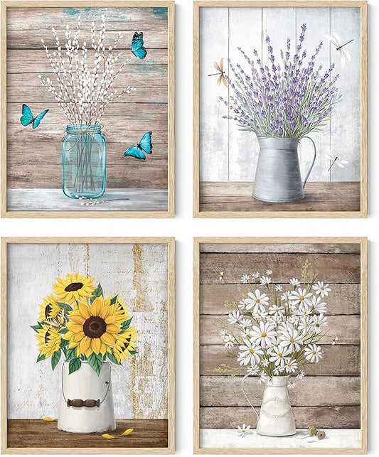 HAUS AND HUES Flower Wall Decor - Set of 4 Floral Wall Art, Floral Wall Decor, Flower Wall Art, Framed Flower Painting, Floral Pictures Wall Decor, Flower Pictures Wall Decor (Framed Beige 11x14)