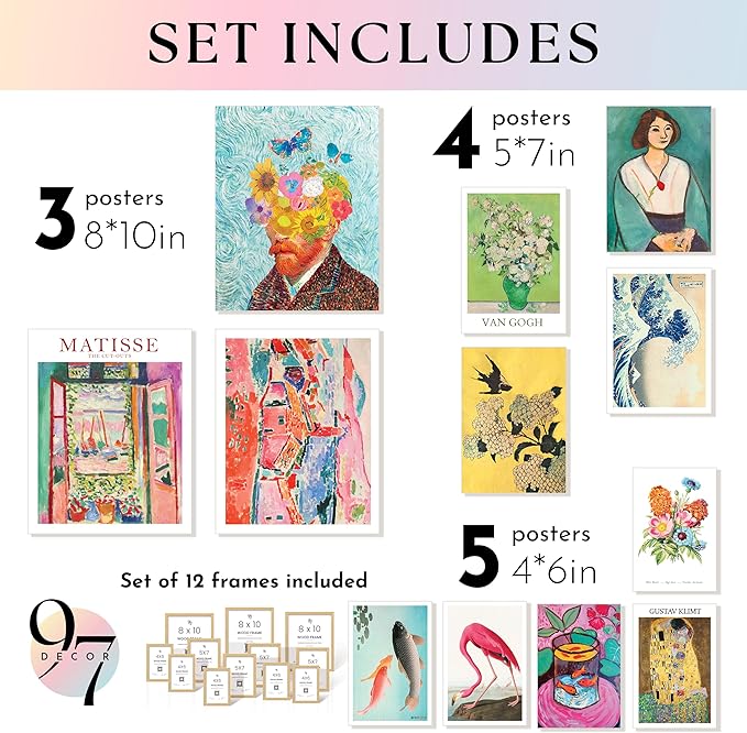 97 Decor Eclectic FRAMED Wall Art Set - Colorful Eclectic Decor, Retro Colorful Wall Art Prints, Trendy Maximalist Decoration Aesthetic Pictures Gallery Wall Prints, Famous Artist Posters For Bedroom (BEIGE FRAME)