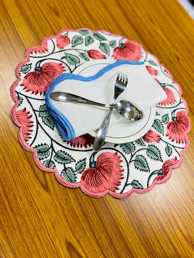 Ridhi Coral and Turquoise Green Bo-ho Round Place Mat Double Layer Floral Cotton Washable Placemats 15" Round Embroidery Block Print Table Mat Pack of 4-15 Inch Round