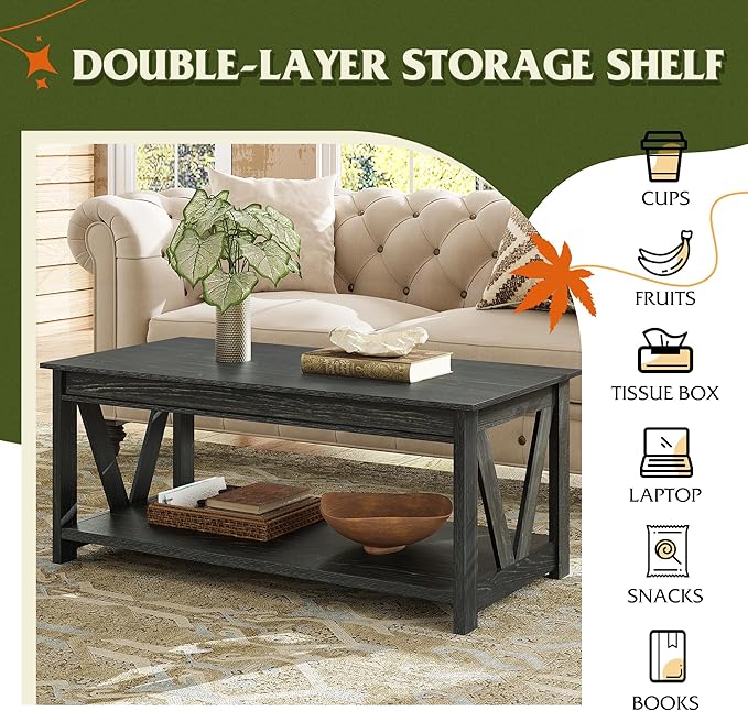 WLIVE Coffee Table, 43" Farmhouse Coffee Table with Storage Shelf & Sturdy V-Shaped Support, Wood Center Table for Living Room, Bedroom, Office and Balcony, Black