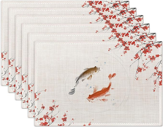 Japanese Cherry Blossom and Fish Placemats Set of 6 Place Mats for Kitchen Table Washable Farmhouse Linen Table Mats Dining Decoration 12x18 Inch