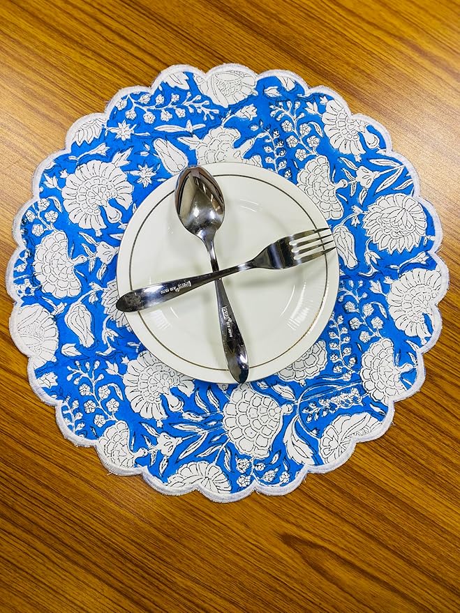 Ridhi Dodger Blue Bo-ho Round Place Mat Double Layer Floral Cotton Washable Placemats 15" Round Embroidery Block Print Table Mat Pack of 4-15 Inch Round