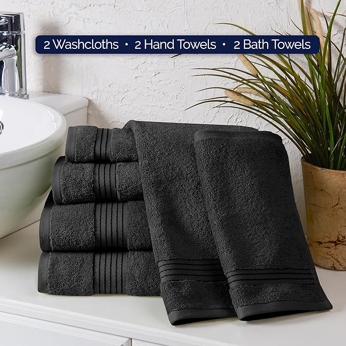 Elegant Comfort Premium Cotton 6-Piece Towel Set, Includes 2 Washcloths, 2 Hand Towels and 2 Bath Towels, 100% Turkish Cotton - Highly Absorbent and Super Soft Towels for Bathroom, Black