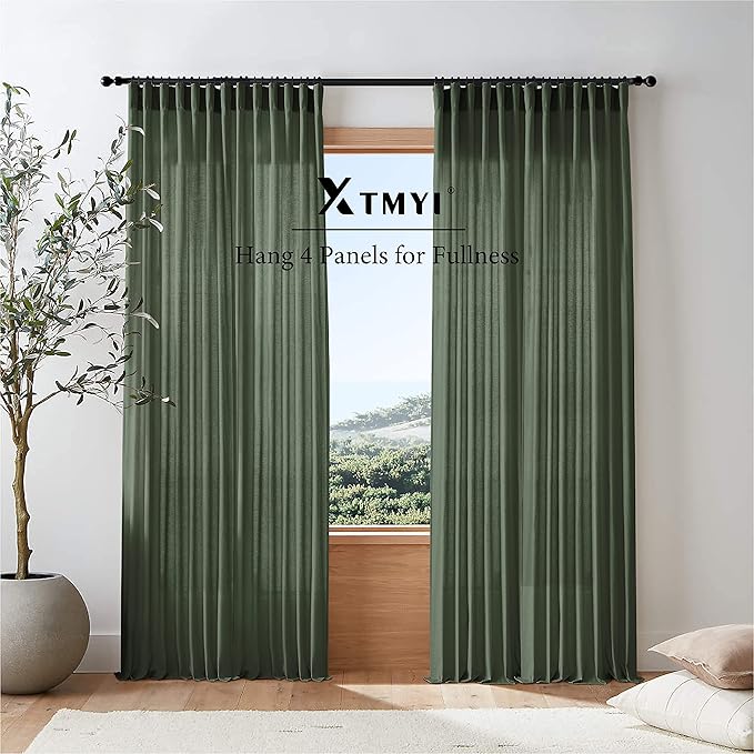 XTMYI 102 Inch Length Olive Green Sheer Linen Curtains 2 Panels Set,Hook Belt Pleated Back Tab Cotton Polyester Blend Light Filtering Semi Sheer Curtain Drapes for Living Room Bedroom,50x102 in Long
