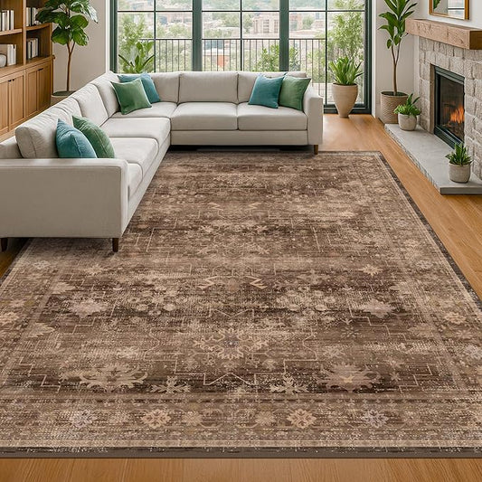 Boho Taupe Brown Living Room Rug 8x10 - Modern Vintage Traditional Eclectic Oriental Neutral, Washable Low Pile Non-Slip Extra Large Area Rugs for Dining Under Table Bedroom Lounge