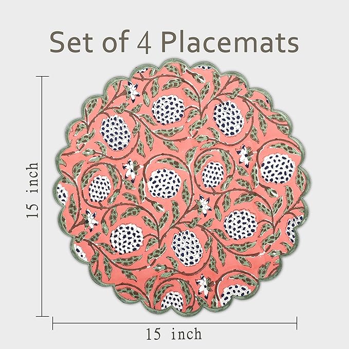 Ridhi Dark Salmon Bo-ho Round Place Mat Double Layer Floral Cotton Washable Placemats 15" Round Embroidery Block Print Table Mat (Pack of 4-15 Inch Round)
