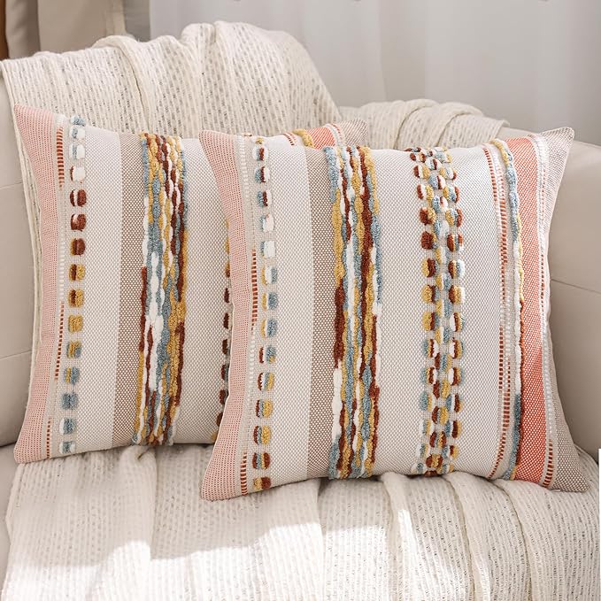 Tosleo Boho Throw Pillow Covers 18x18 Set of 2 Striped Decorative Pillow Cases Accent Chenille Pillowcases Farmhouse Cushion Case Bohemian Nuetral Textured Pillow Cover,Orange