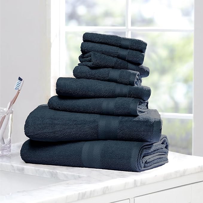 BOUTIQUO 8 Piece Towel Set 100% Ring Spun Cotton, 2 Bath Towels 27X54, 2 Hand Towels 16X28 and 4 Washcloths 13X13 - Ultra Soft Highly Absorbent Machine Washable Hotel Spa Quality - Mineral Blue