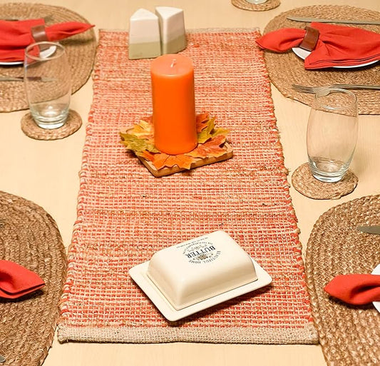 Chardin Home Natural Jute Table Runner 13x48 Inch – Vintage Boho Rustic Table Decor – Handwoven Jute Table Runner in Natural and Rust Orange – Farmhouse Dining or Console Table Accent