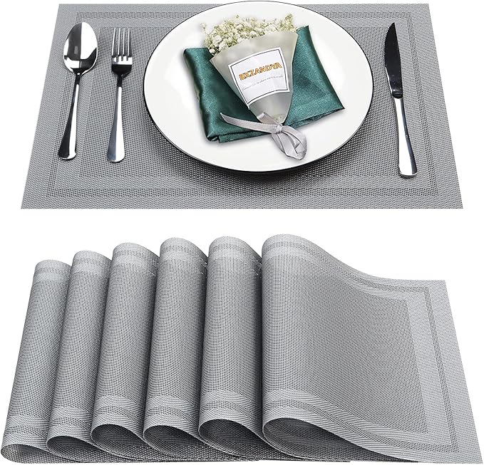 Placemats Set of 6,Washable,Heat and Stain Resistant Indoor/Outdoor Place mats, Vinyl Woven Non Slip Table Mats for Restaurant Table Protection, PVC Table Mats(Dark Gray, 6PCS)