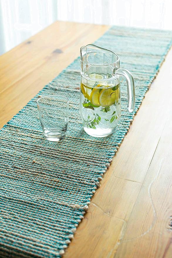 Chardin home Eco-Friendly Natural Jute/Cotton Table Runner, Size: 13”x72”. Jute/Aqua-Turquoise