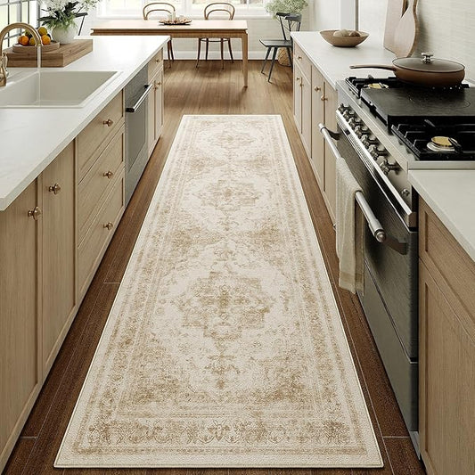 Runner Rug 2x8 Washable Beige Hallway Runner Vintage Boho Medallion Non Slip Distressed Retro Carpet Indoor Low Pile Long Soft Rug for Kitchen Entryway Bedroom Bathroom Laundry