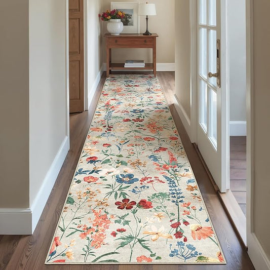 Floral Runner Rug 2x10 Washable Hallway Long Beige Bedroom Carpet Non Slip Indoor Boho Kitchen Low Pile Accent Rug Lightweight Soft for Bathroom Dining Laundry Living Room
