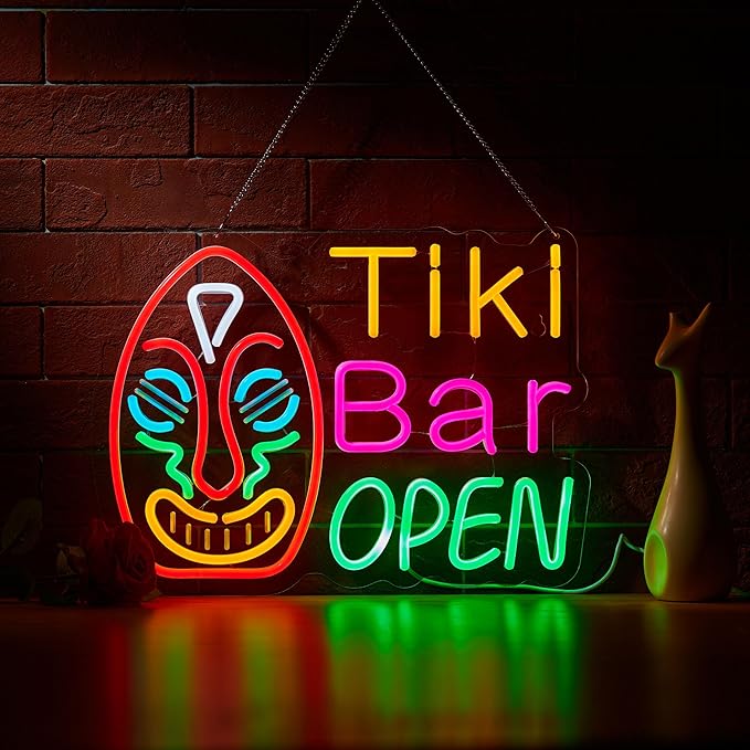 Tiki Bar Open Neon Sign for Wall Décor with Dimmable Switch LED Neon Signs Art Decor Light