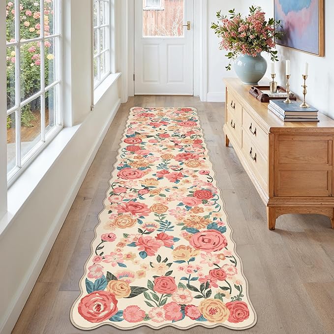 Washable Floral Runner Rug 2x8 Beige Hallway Carpet Scalloped Flower Non Slip Soft Long Kitchen Runner Farmhouse Low Pile Thin Indoor Floor Cover for Bathroom Bedroom Laundry Room Entryway