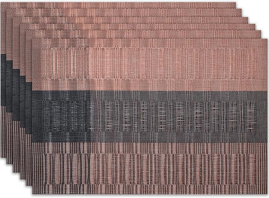 Placemats Set of 6 Washable Indoor/Outdoor Vinyl Place Mats for Dining Table Durable Non-Slip Heat Resistant PVC Weave Table Mats(Brown Black)