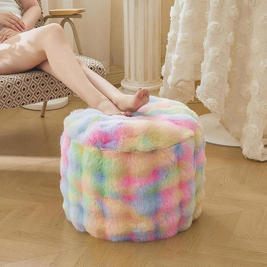 LIFEREVO Faux Rabbit Fur Round Inflatable Pouf Ottoman, 20" X 16" Waffle Bubble Floor Poufs Foot Stool Rest Anti-Slip Living Room Bedroom, Tie Dye Furry Foldable Ottoman Seat Home Decor, Rainbow