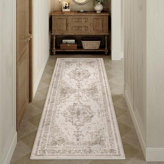 Runner Rug 2x5 Washable Taupe Hallway Runner Vintage Boho Medallion Non Slip Distressed Retro Carpet Indoor Low Pile Long Soft Rug for Kitchen Entryway Bedroom Bathroom Laundry