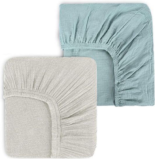 Muslin Fitted Crib Sheets for Girls & Boys-2 Pack 28"x 52" Soft Baby Mattress Sheet-No Slip Boho Neutral Breathable Toddler Cotton Bedding Sage Green & Beige Colors