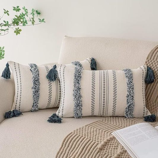 Boho Throw Pillow Covers 12x20 Set of 2 Woven Tufted Farmhouse Pillows Cover with Tassels Textured Striped Cushion Case Lumbar Pillow Cases Decorative Pillowcase for Sofa, Bed, Dark Blue