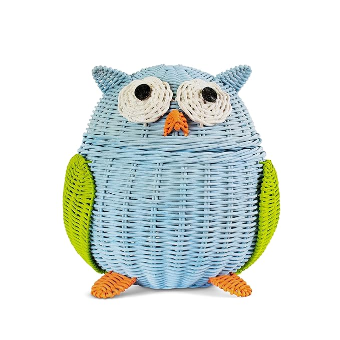 Owl Rattan Storage Basket With Lid Decorative Home Decor Hand Woven Shelf Organizer Cute Handmade Handcrafted Gift Art Decoration Artwork Wicker Hoot Owl (Small, Blue)